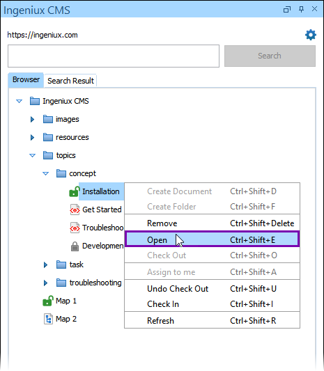 Open DITA Topic via Ingeniux CMS Browser Tab