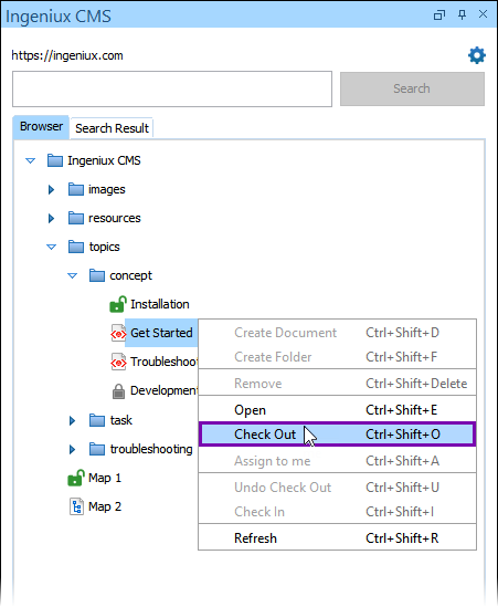 Check Out via Ingeniux CMS Browser Tab Tree