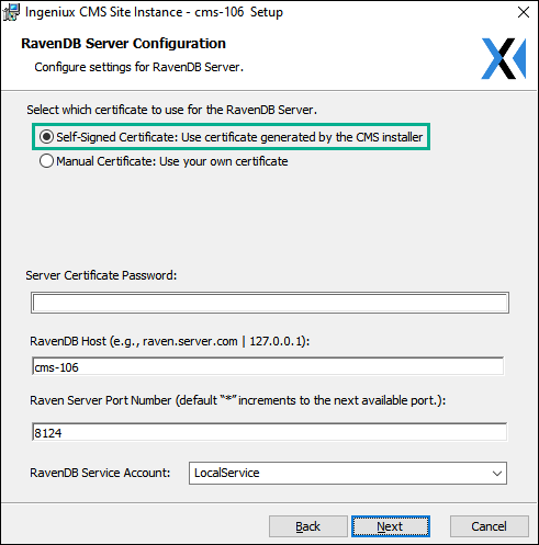 CMS 10.5–10.6 Self-Signed Certificate via RavenDB Server Configuration
                  Screen
