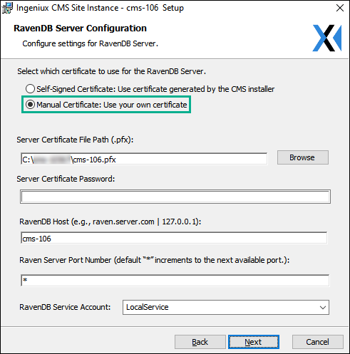 CMS 10.5–10.6 Manual Certificate via RavenDB Server Configuration Screen