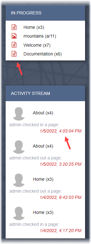 In Progress Content Item Icons and Activity Stream Time Stamps in Dashboard
                    (T2)
