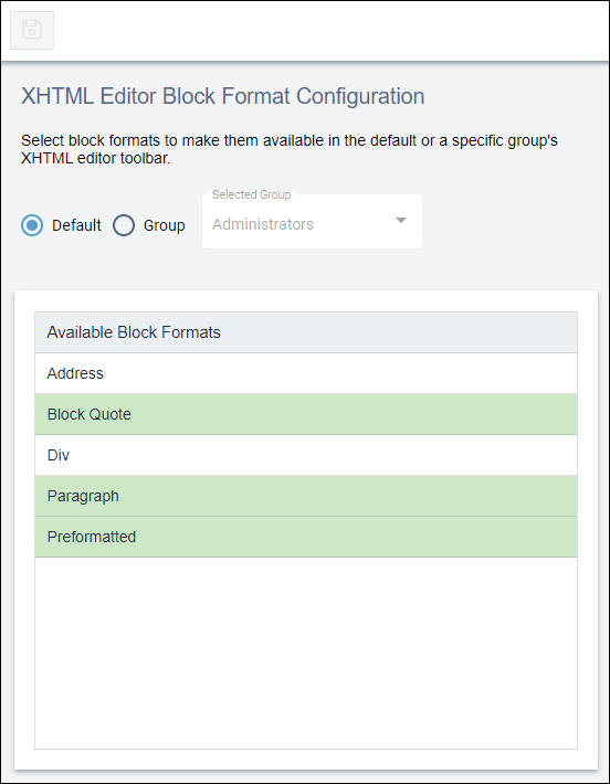 XHTML Editor Block Formats Configuration