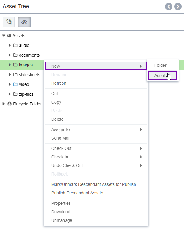 New > Asset via Assets Tree Context Menu