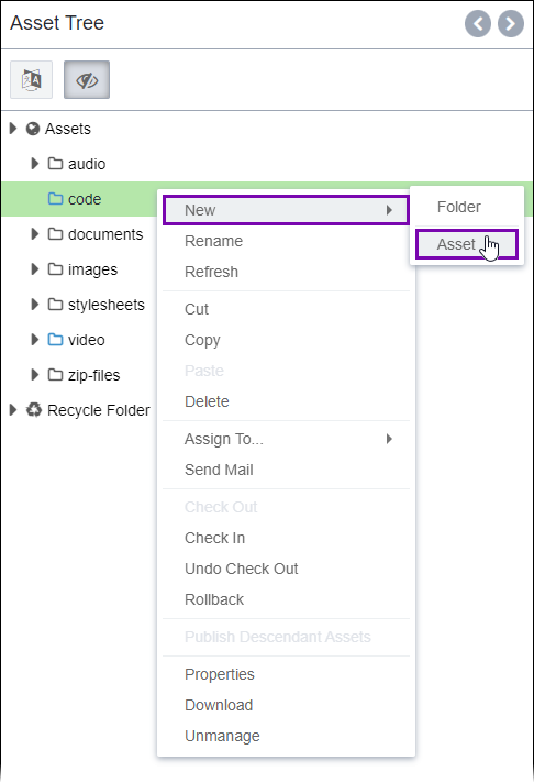 New > Asset in Assets Tree Context Menu