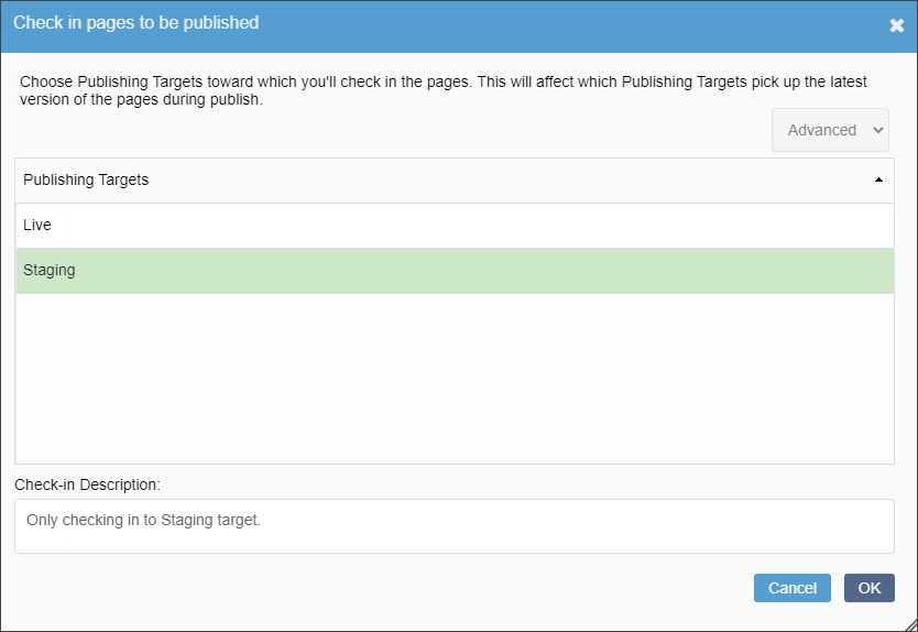 Check in Changes to Be Published Dialog
