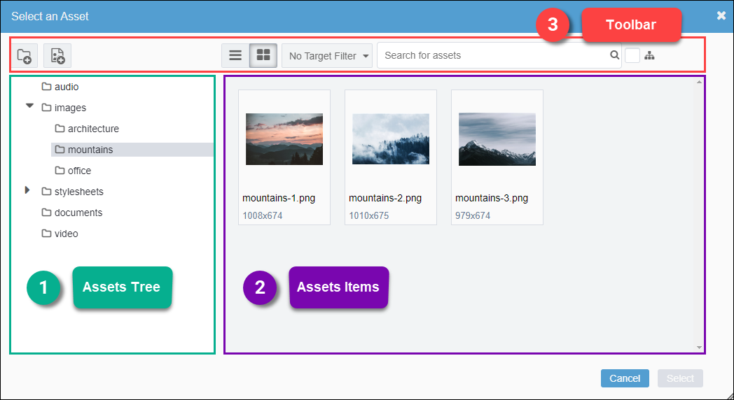 CMS 10.0–10.5 Select an Asset Dialog