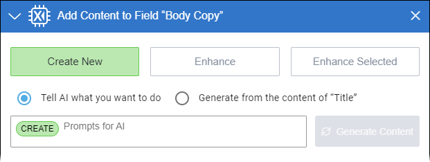 Select "Create New" in "Add Content to Field" Dialog
