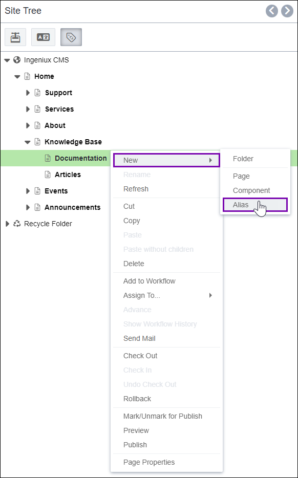 Create Alias Structure via Site Tree Context Menu