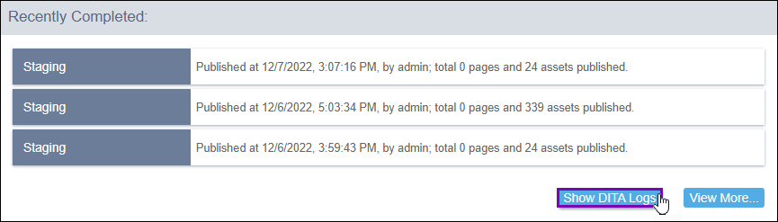 Administration > Publishing Monitor > Show DITA Logs