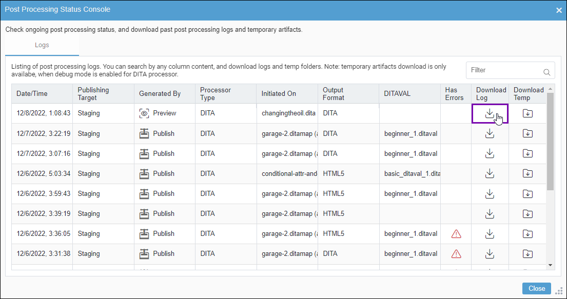 Post Processing Status Console Dialog > Current Tab