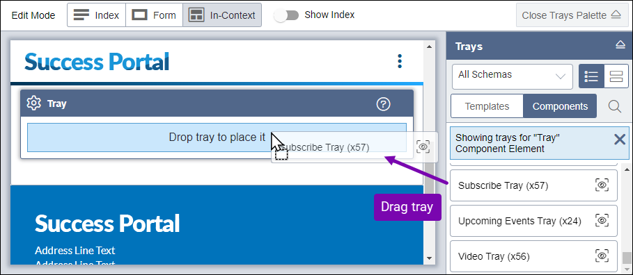 Drag Content Tray from Trays Pane to Edit Tab Workspace