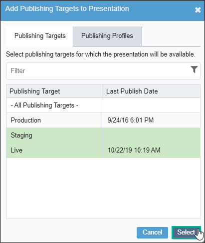 Add Publishing Targets to Presentation Dialog