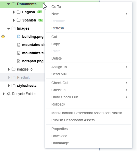 Assets Tree Context Menu