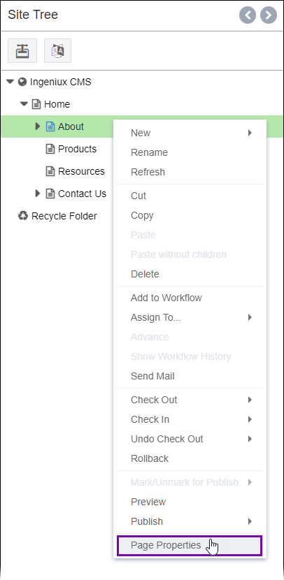 Page Properties in Site Tree Context Menu