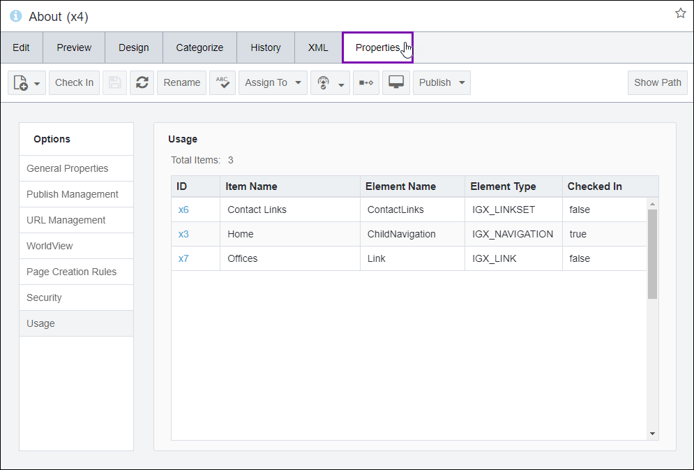 Usage Option in Properties Tab