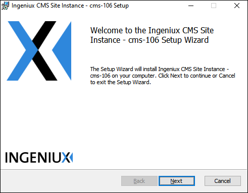 Ingeniux CMS 10.5–10.6 Site Instance Setup Wizard Welcome Screen
