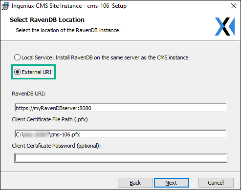 CMS 10.5–10.6 External URI via Select RavenDB Location Screen