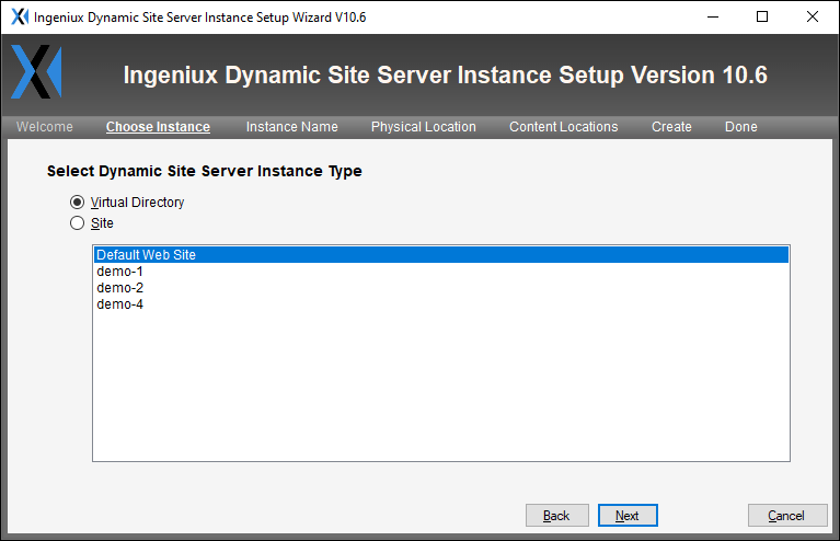 Choose Instance Screen of CMS 10.5–10.6 DSS Instance Setup Wizard