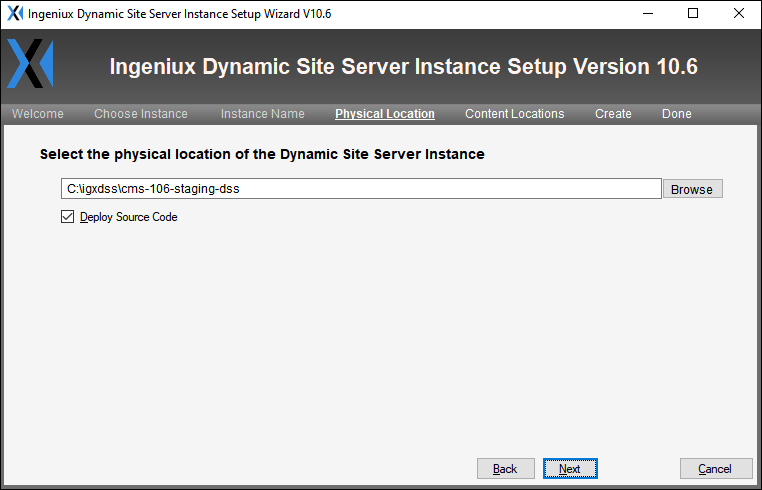 Physical Location Screen of CMS 10.5–10.6 DSS Instance Setup Wizard