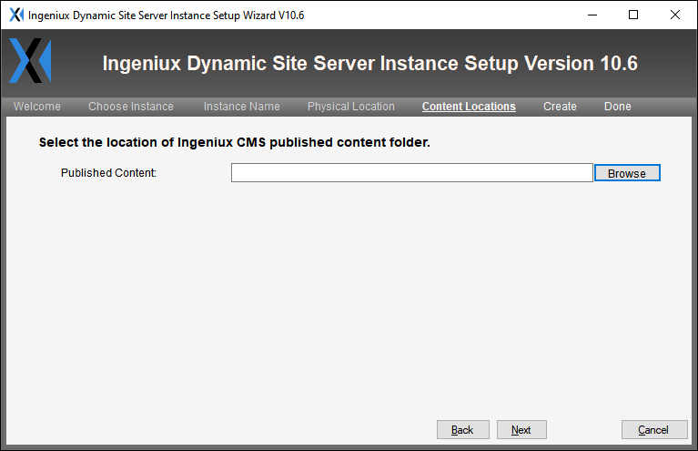 Content Locations Screen of CMS 10.5–10.6 DSS Instance Setup Wizard