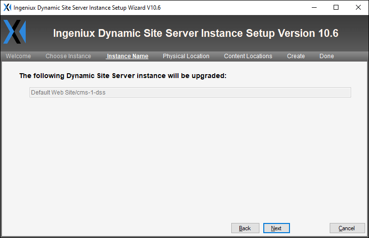 CMS 10.5 DSS Instance Name Screen