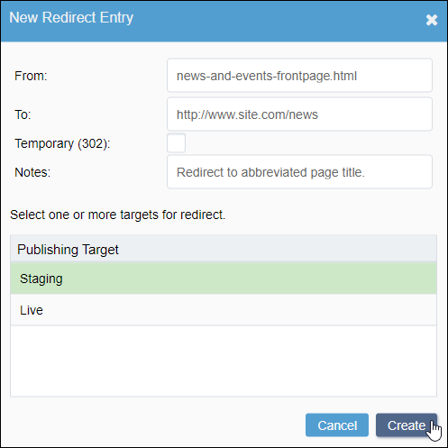 New Redirect Entry Dialog