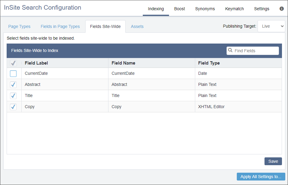 InSite Search > Indexing > Fields Site-Wide