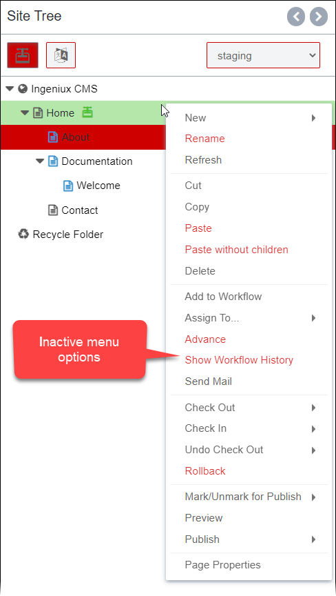 Selected Toggle Buttons and Content Items in Utility Trees and Inactive Menu
                    Options in Utility Tree Context Menus (P6)